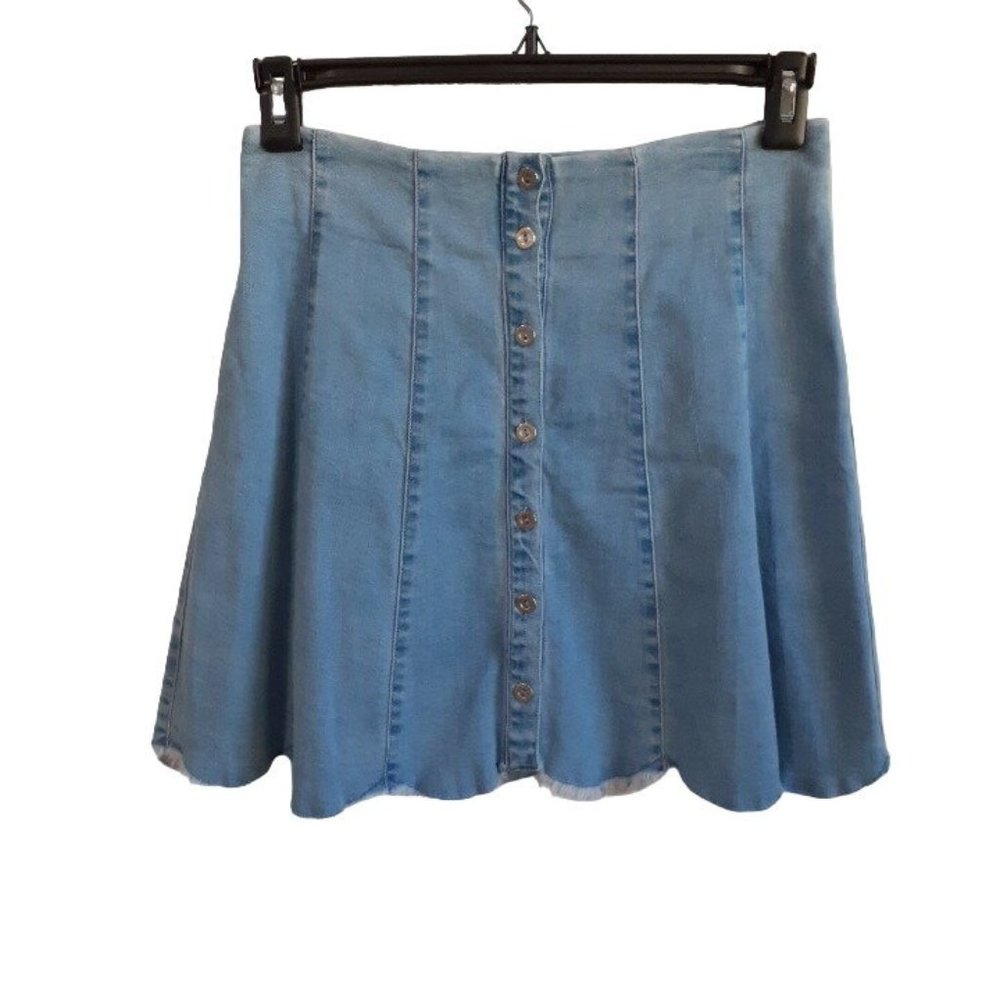 Jealous Tomato Womens Medium Blue Denim Mini Skirt Frayed Scallop‎ Hem